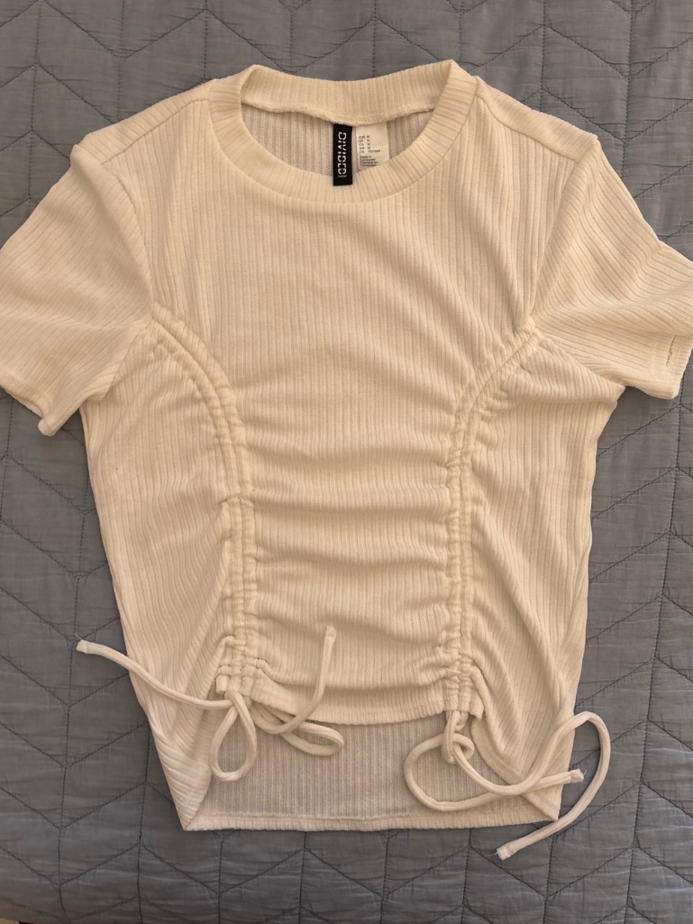 H&M White Ribbed Drawstring Top, Medium